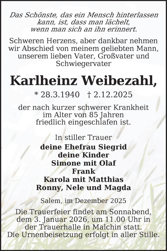 Traueranzeige von Karlheinz Weibezahl von Nordkurier Mecklenburger Schweiz