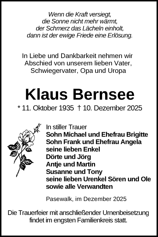 Traueranzeige von Klaus Bernsee von Nordkurier Grosso