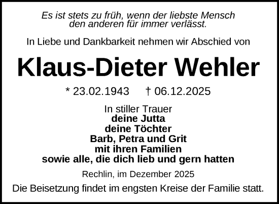 Traueranzeige von Klaus-Dieter Wehler von Nordkurier Müritz-Zeitung