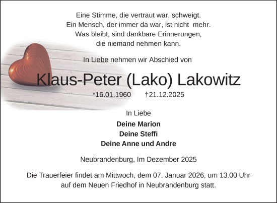 Traueranzeige von Klaus-Peter Lakowitz von Nordkurier Neubrandenburger Zeitung