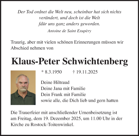 Traueranzeige von Klaus-Peter Schwichtenberg von Norddeutsche Neueste Nachrichten