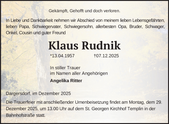 Traueranzeige von Klaus Rudnik von Uckermark Kurier Templiner Zeitung