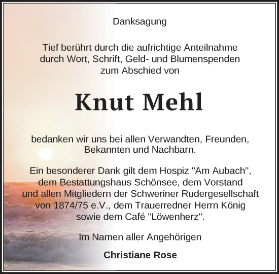 Traueranzeige von Knut Mehl von Zeitung für die Landeshauptstadt
