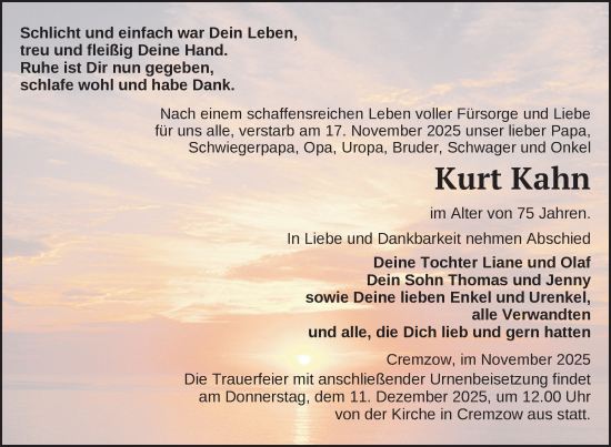 Traueranzeige von Kurt Kahn von Uckermark Kurier Prenzlauer Zeitung