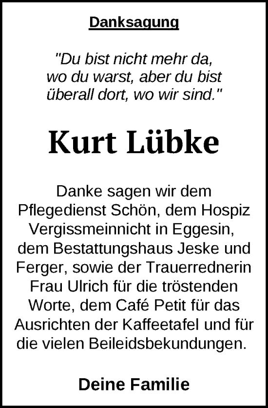 Traueranzeige von Kurt Lübke von Uckermark Kurier Prenzlauer Zeitung