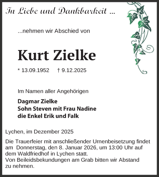 Traueranzeige von Kurt Zielke von Uckermark Kurier Templiner Zeitung