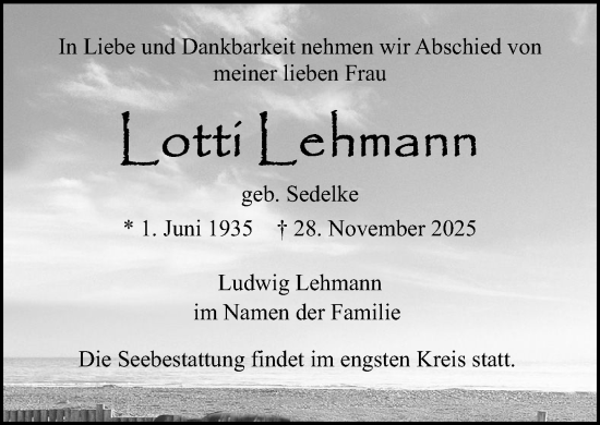 Traueranzeige von Lotti Lehmann von Norddeutsche Neueste Nachrichten