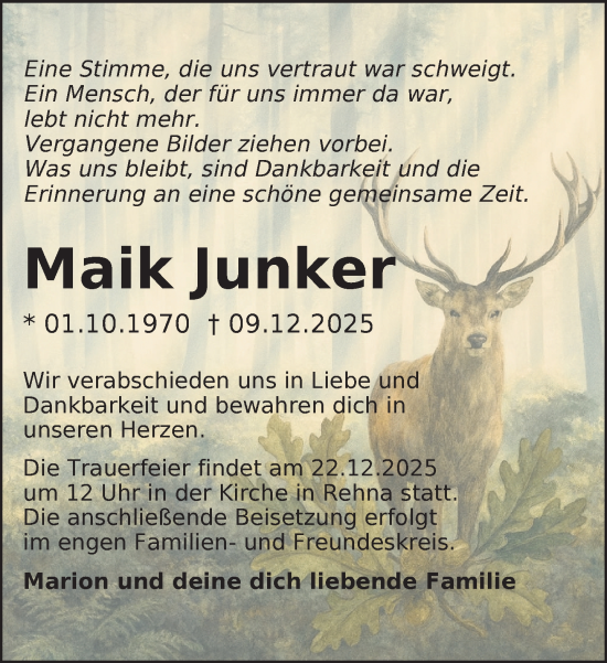Traueranzeige von Maik Junker von Gadebusch - Rehnaer Zeitung