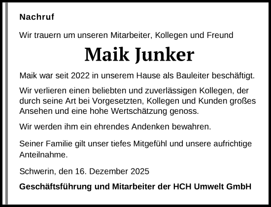 Traueranzeige von Maik Junker von Zeitung für die Landeshauptstadt