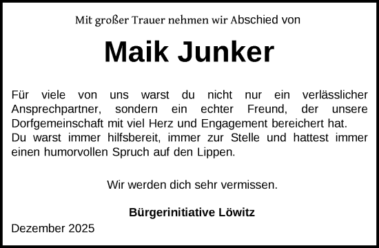 Traueranzeige von Maik Junker von Gadebusch - Rehnaer Zeitung