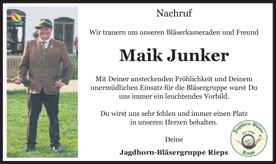 Traueranzeige von Maik Junker von Gadebusch - Rehnaer Zeitung
