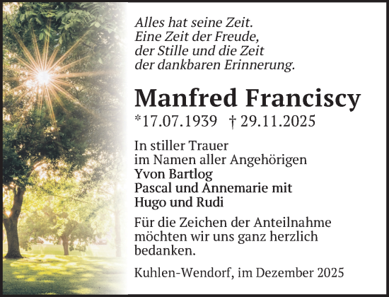 Traueranzeige von Manfred Franciscy von Anzeiger für Sternberg - Brüel - Warin