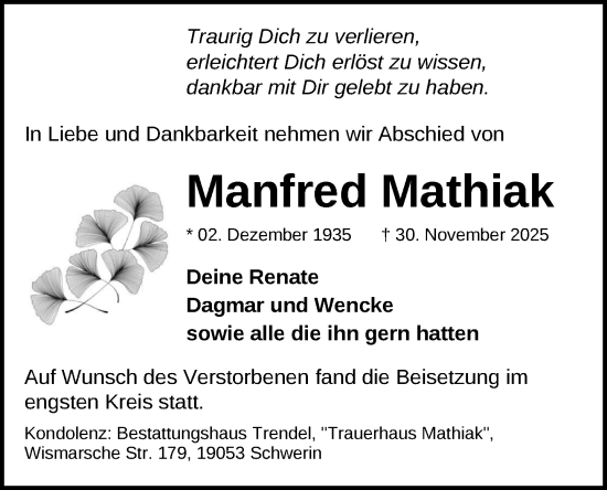 Traueranzeige von Manfred Mathiak von Zeitung für die Landeshauptstadt