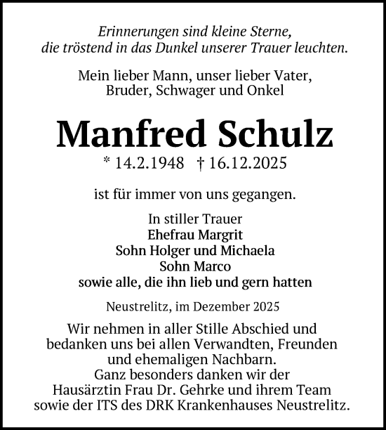 Traueranzeige von Manfred Schulz von Nordkurier Grosso