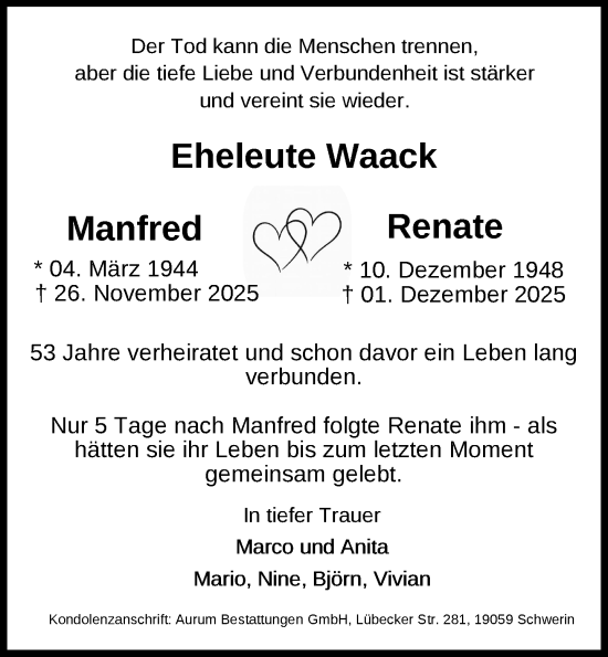 Traueranzeige von Manfred Waack von Zeitung für die Landeshauptstadt