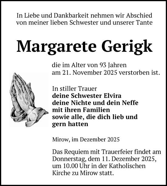 Traueranzeige von Margarete Gerigk von Nordkurier Strelitzer Zeitung
