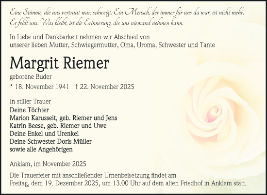 Traueranzeige von Margrit Riemer von Nordkurier Vorpommern Kurier
