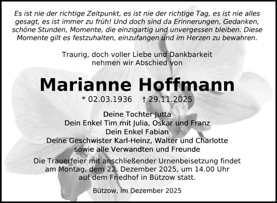 Traueranzeige von Marianne Hoffmann von Güstrow und Bützow