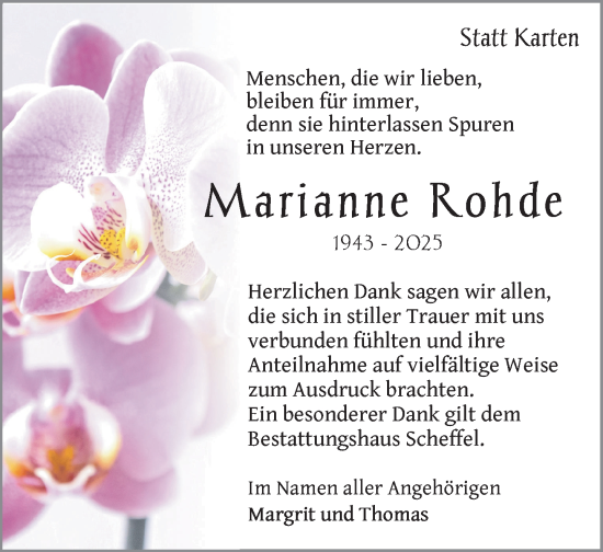 Traueranzeige von Marianne Rohde von Zeitung für die Landeshauptstadt
