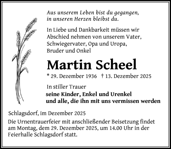 Traueranzeige von Martin Scheel von Gadebusch - Rehnaer Zeitung