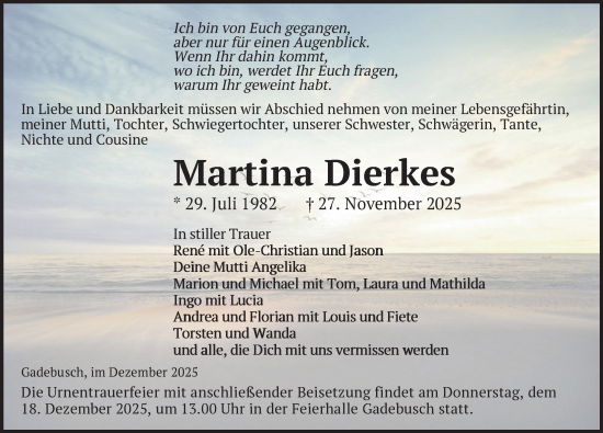 Traueranzeige von Martina Dierkes von Gadebusch - Rehnaer Zeitung