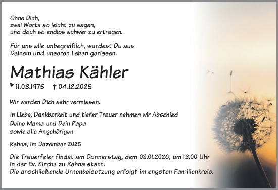 Traueranzeige von Mathias Kähler von Gadebusch - Rehnaer Zeitung