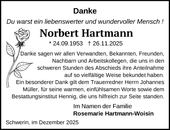 Traueranzeige von Norbert Hartmann von Zeitung für die Landeshauptstadt