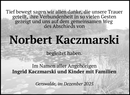 Traueranzeige von Norbert Kaczmarski von Uckermark Kurier Templiner Zeitung