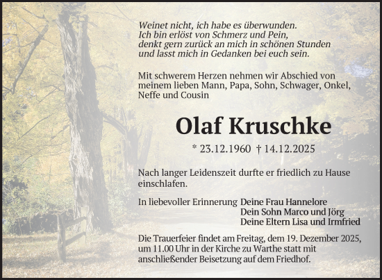 Traueranzeige von Olaf Kruschke von Uckermark Kurier Templiner Zeitung