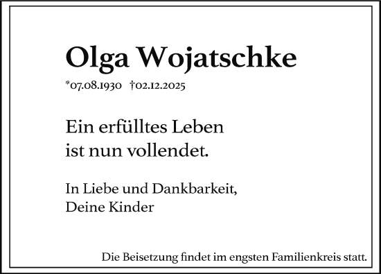 Traueranzeige von Olga Wojatschke von Ludwigsluster Tageblatt