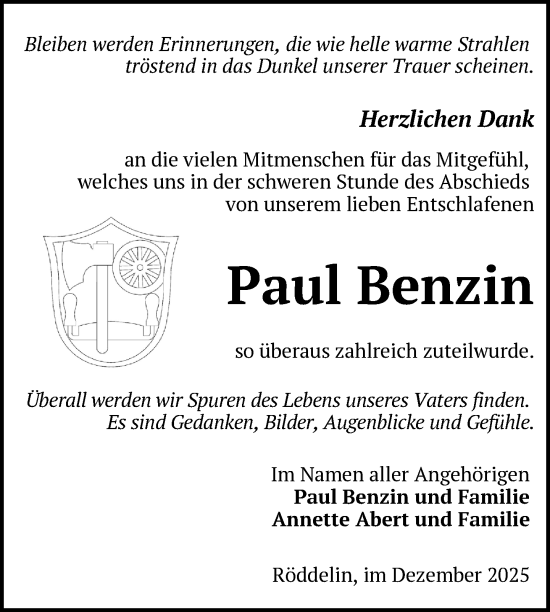 Traueranzeige von Paul Benzin von Uckermark Kurier Templiner Zeitung
