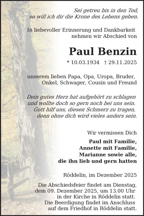 Traueranzeige von Paul Benzin von Uckermark Kurier Templiner Zeitung