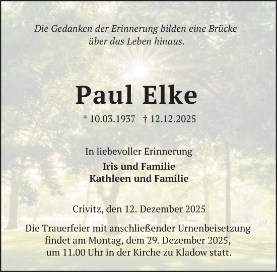 Traueranzeige von Paul Elke von Zeitung für die Landeshauptstadt