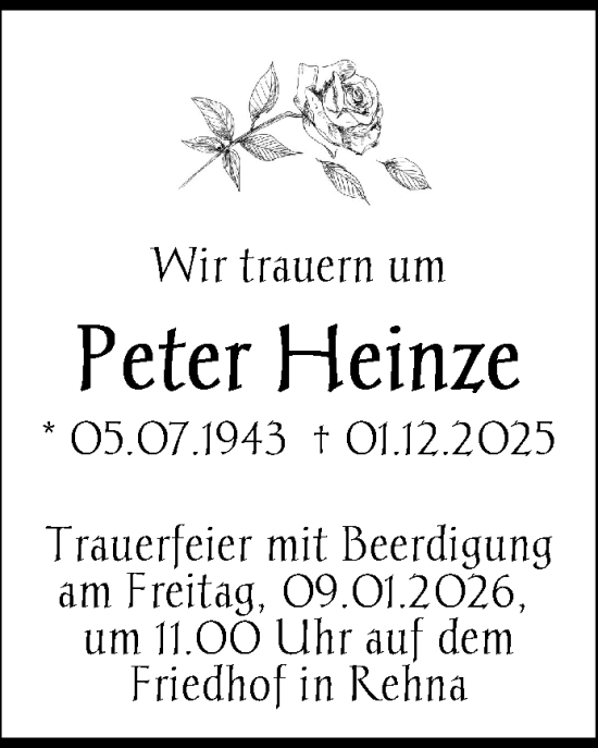 Traueranzeige von Peter Heinze von Gadebusch - Rehnaer Zeitung