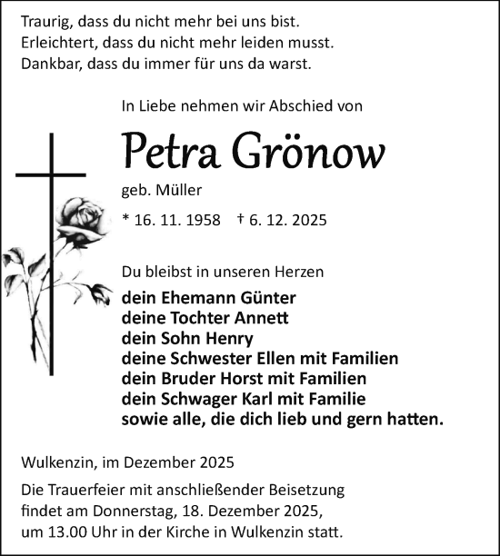 Traueranzeige von Petra Grönow von Nordkurier Neubrandenburger Zeitung