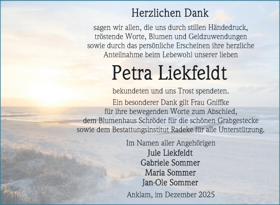 Traueranzeige von Petra Liekfeldt von Nordkurier Vorpommern Kurier