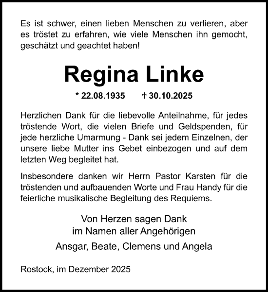 Traueranzeige von Regina Linke von Norddeutsche Neueste Nachrichten