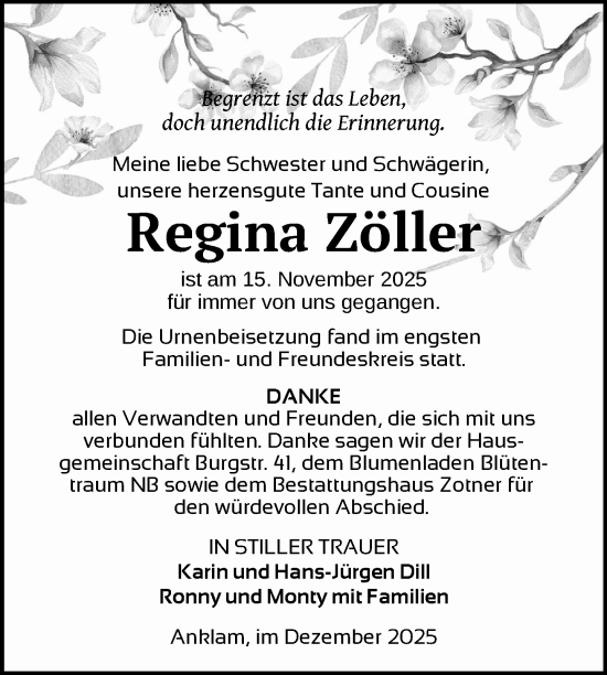 Traueranzeige von Regina Zöller von Nordkurier Vorpommern Kurier