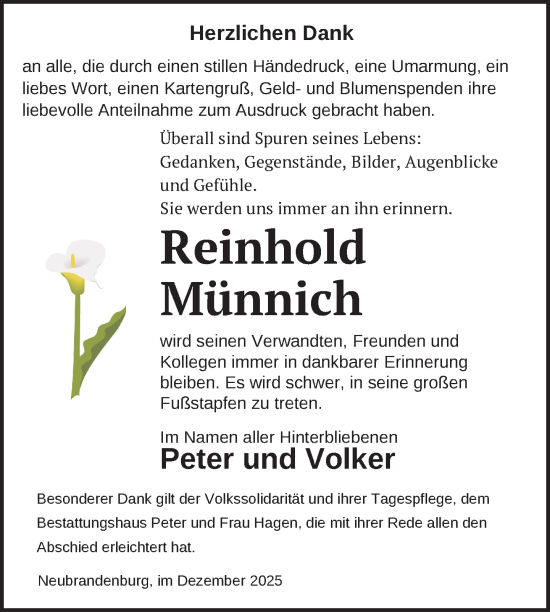 Traueranzeige von Reinhold Münnich von Nordkurier Neubrandenburger Zeitung