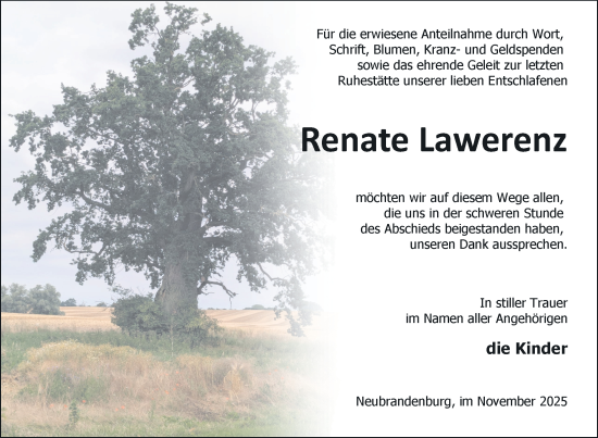 Traueranzeige von Renate Lawerenz von Nordkurier Neubrandenburger Zeitung