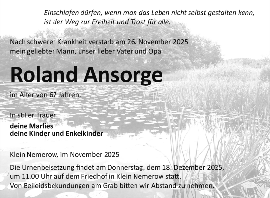 Traueranzeige von Roland Ansorge von Nordkurier Neubrandenburger Zeitung
