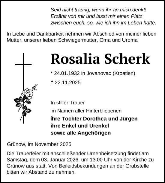 Traueranzeige von Rosalia Scherk von Uckermark Kurier Prenzlauer Zeitung
