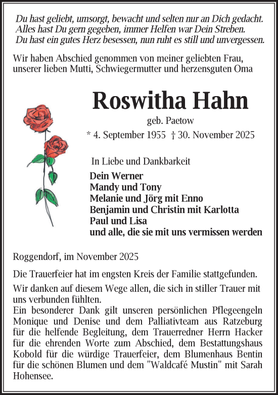 Traueranzeige von Roswitha Hahn von Gadebusch - Rehnaer Zeitung