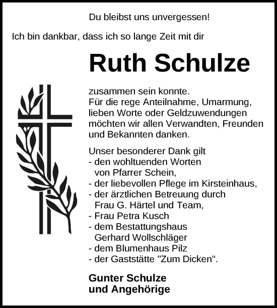 Traueranzeige von Ruth Schulze von Uckermark Kurier Templiner Zeitung