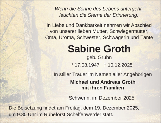 Traueranzeige von Sabine Groth von Zeitung für die Landeshauptstadt
