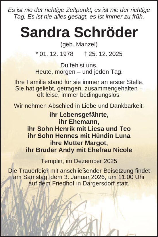 Traueranzeige von Sandra Schröder von Uckermark Kurier Templiner Zeitung