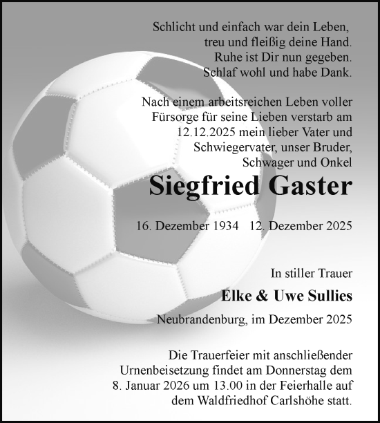 Traueranzeige von Siegfried Gaster von Nordkurier Neubrandenburger Zeitung