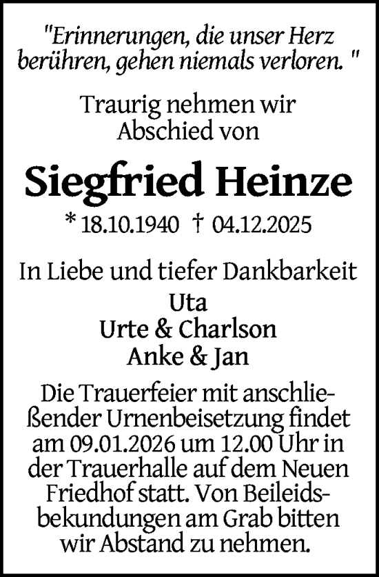 Traueranzeige von Siegfried Heinze von Nordkurier Neubrandenburger Zeitung