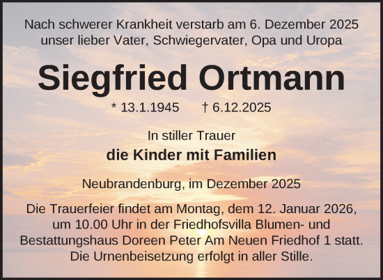 Traueranzeige von Siegfried Ortmann von Nordkurier Neubrandenburger Zeitung