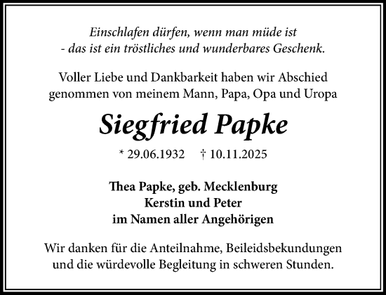 Traueranzeige von Siegfried Papke von Norddeutsche Neueste Nachrichten